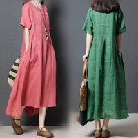 Nữ mùa hè mới 2018 Hàn Quốc phiên bản của lỏng kích thước lớn thời trang ramie ngắn tay màu rắn bông và vải lanh xếp li ăn mặc kiểu đầm voan dài đẹp