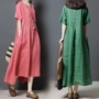 Nữ mùa hè mới 2018 Hàn Quốc phiên bản của lỏng kích thước lớn thời trang ramie ngắn tay màu rắn bông và vải lanh xếp li ăn mặc kiểu đầm voan dài đẹp