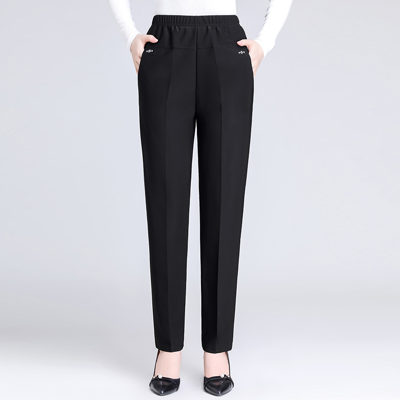 Black [Spring And Autumn Style]Middle aged and elderly Women's trousers Autumn and winter Elastic waist High waist Plush thickening easy Wear out keep warm trousers old age mom trousers