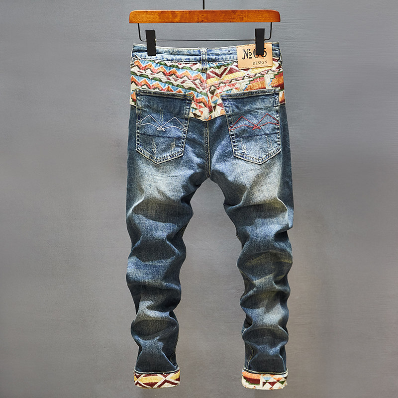 High-end embroidered ripped jeans from Europe and America, men's fashion brand, slimming and petite feet autumn new style patchwork casual 9-inch pants