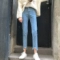 Sinh viên Hàn Quốc bf lỏng hoang dã thẳng quần jean phụ nữ cao eo là mỏng cao đẳng gió quần không thường xuyên chân chín quần quần bò nữ ống rộng Quần jean