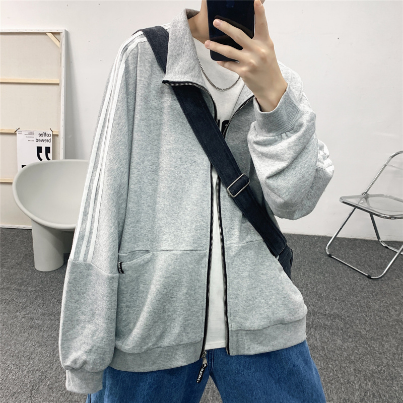 Sweater men's cardigan Korean sports Stripe Jacket Top loose student clothes big fat autumn coat