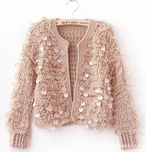 Hàn quốc phiên bản của mùa xuân và mùa thu nhỏ hương thơm vòng tròn áo len mohair handmade stick kim cardigan sequins áo len áo khoác khăn choàng