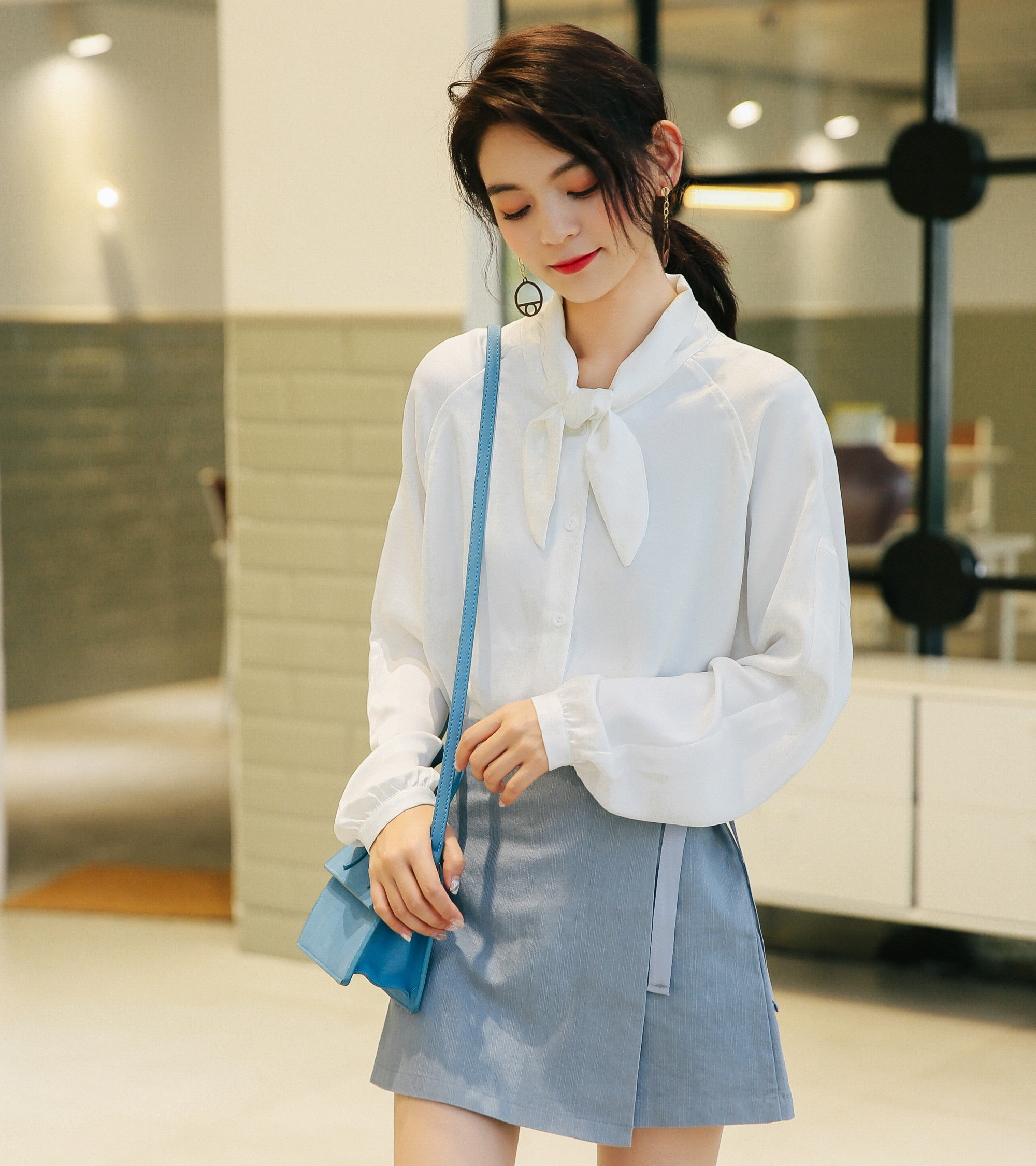 实拍2840#有视频 2019春季新款小清新甜美可爱蝴蝶结领白衬衫女