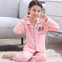 Đồ ngủ trẻ em cotton dài tay mùa xuân và mùa thu cô gái lớn và cô gái thiết lập mùa hè mỏng phần 12 cha mẹ-con mẹ và con gái 15 tuổi pijama lụa ngắn