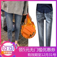 Phụ nữ mang thai quần jeans mùa thu đông phiên bản Hàn Quốc của dạ dày nâng nhung vàng Bà bầu quần legging mùa đông cộng với quần kèn nhung quần yếm bầu