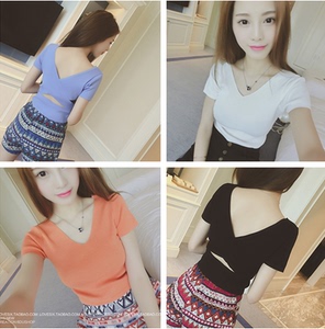 Mùa hè của Phụ Nữ Hàn Quốc Cao Eo Ngắn Lại Chéo Ngắn Tay Áo Knit Đáy Áo Sơ Mi Hàn Quốc Slim Mỏng T-Shirt Phụ Nữ