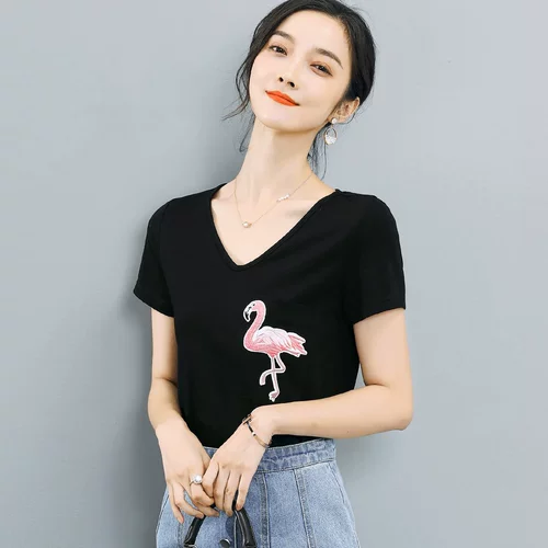 Dy [Village 2020 Summer Simple Commerings v -neck с вышивкой карман карман Thin Girl T -Fish YJ0028055
