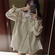 Mùa thu và mùa đông retro kẻ sọc dày áo khoác ấm áp nữ phiên bản Hàn Quốc của ve áo dài tay trong phần dài của áo khoác vải tuýt dày