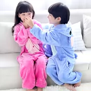 Cha mẹ-con flannel phim hoạt hình bột màu xanh Stitch đồ ngủ Siamese trai và gái dài tay dày dịch vụ nhà