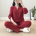 Đồ ngủ gạc cotton Nhật Bản của phụ nữ mùa hè không cổ áo cardigan dịch vụ nhà màu sắc ngọt ngào mùa xuân và mùa thu mỏng phần dài tay áo phù hợp - Bộ Pajama Bộ Pajama