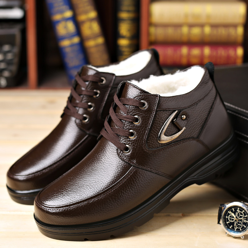 916 Brown (Lace Up)cotton-padded shoes male winter keep warm Plush thickening genuine leather wool man lined shoe Middle aged and elderly non-slip the elderly Dad shoes