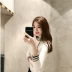 Retro Hàn Quốc chic màu tương phản sọc cổ áo ren đáy áo sơ mi mỏng phần dài tay áo thun áo len áo khoác cardigan nữ Đan Cardigan