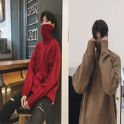 Áo len cao cổ màu đỏ lưới Nam phiên bản Hàn Quốc của học sinh mùa đông chạm đáy áo sơ mi bf phong cách Harajuku Áo len mỏng in áo len
