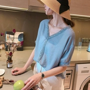 Mùa hè 2019 phiên bản Hàn Quốc mới của phụ nữ cỡ lớn ren ren V-cổ áo sơ mi nữ lỏng lẻo - Áo sơ mi chiffon ren