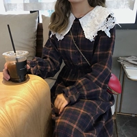 2018 Hàn Quốc phiên bản của mùa thu mới ren búp bê ve áo chiến đấu để nhận được eo retro kẻ sọc dài- tay áo nữ váy đẹp