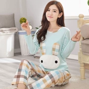Mùa xuân và mùa thu Bộ đồ ngủ cotton của phụ nữ Hàn Quốc Quần dài tay thiết lập ngọt ngào Phim hoạt hình dễ thương Cotton Kích thước lớn