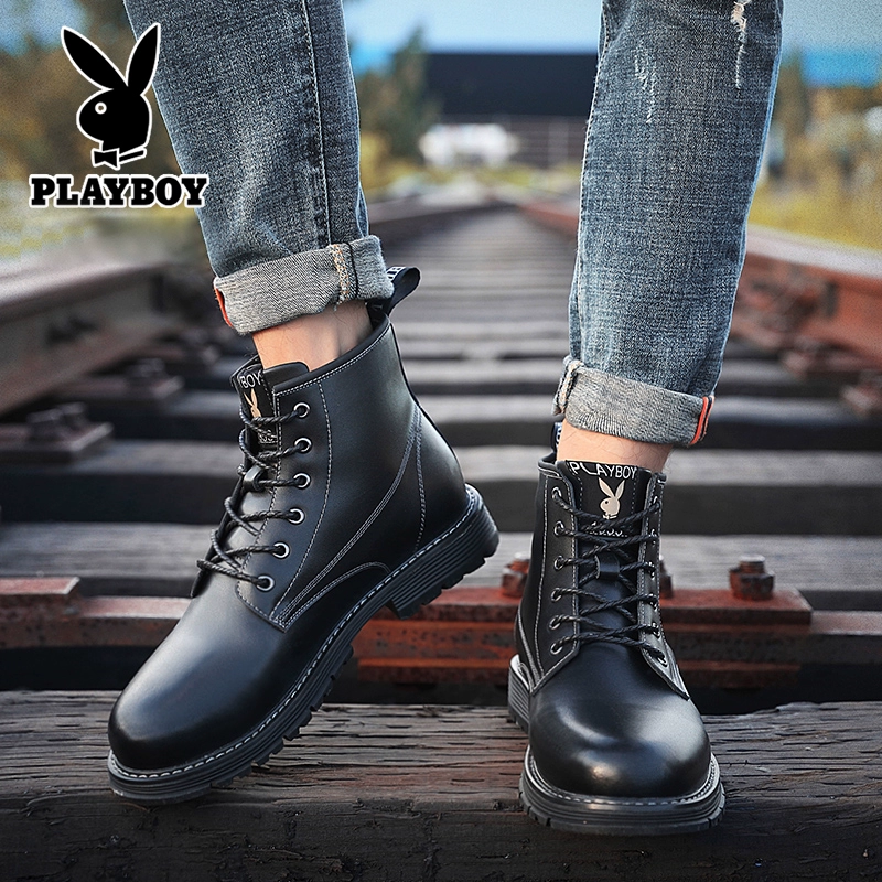 Giày bốt nam Playboy Martin phong cách Anh mùa thu đông cộng với giày da nhung xu hướng nam xuồng ngắn nam da cao cổ - Giày ống