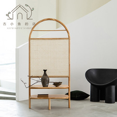 напольная ширма 古小鱼 日式ins实木藤编屏风隔断民宿家用轻奢玄关挡板座屏置物架