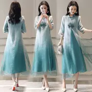 Váy thêu 2019 phụ nữ mới mùa hè đầm dài lưới giả hai mảnh của phong cách retro quốc gia Trung Quốc - Váy eo cao