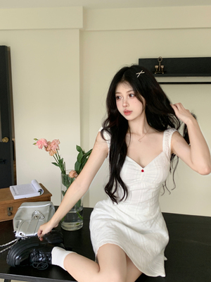 taobao agent White summer dress, sexy fitted brace, mini-skirt, V-neckline, A-line