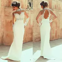 Pearls Long Sleeves Floor Length Wedding Dresses Backless