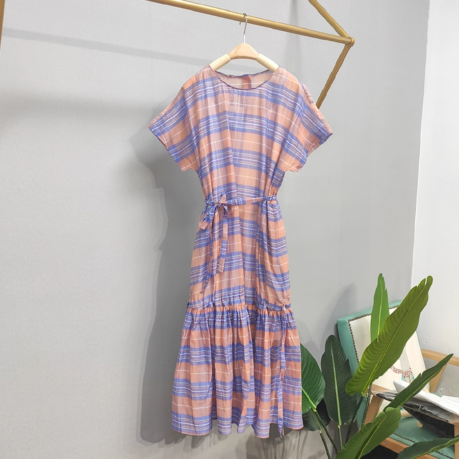 Váy kẻ sọc Bofu 2020 mùa hè mới retro văn học cổ tròn khâu đuôi cá váy BDN2LD170 - Sản phẩm HOT