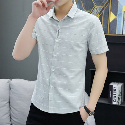 2021夏季男装短袖衬衫韩版修身潮流帅气男士衬衣条纹休闲商务衬衫