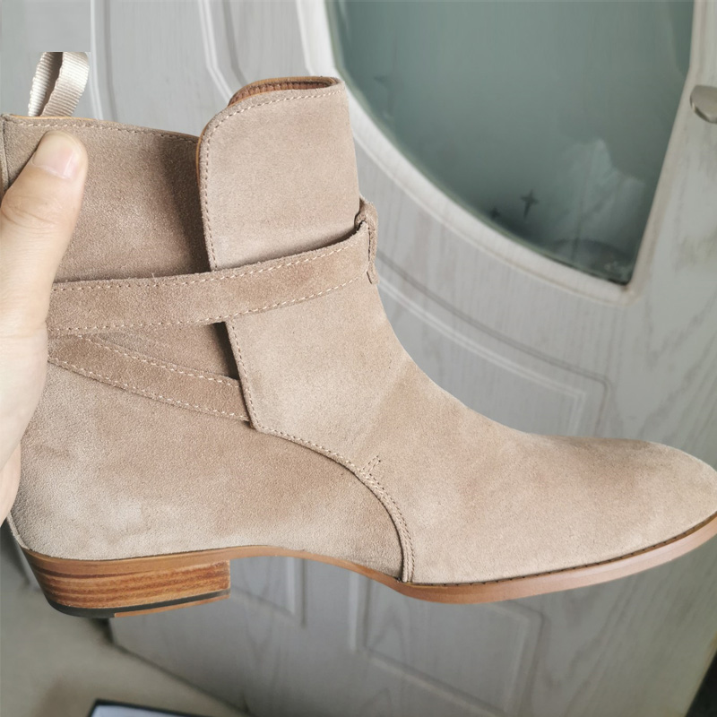 ApricotChelsea boots male Short boots Deer skin Buckles Chelsea Boots genuine leather Britain Gao Bang cowboy Martin boots tide
