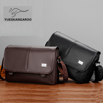 跃森袋鼠皮包横款单肩包男士真皮时尚休闲斜挎包大容量潮流带盖包