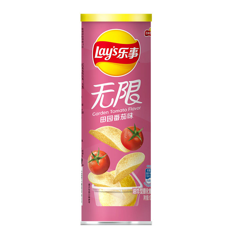 [24 Cans] Garden Tomato Flavor 104GLay’s Lay's infinite Potato chips 104g Drum  Cucumber lime barbecue tomato braised pork in brown sauce Black pepper Steak Original taste