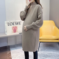 Осенний демисезонный модный утепленный длинный свитер для беременных, трикотажный лонгслив, платье, топ, комплект, средней длины