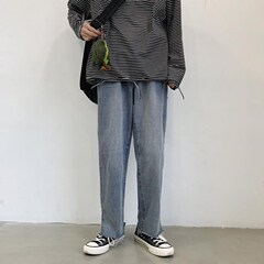 港風牛仔褲男日系ins寬鬆潮流休閒青少年直筒開叉闊腳九分褲