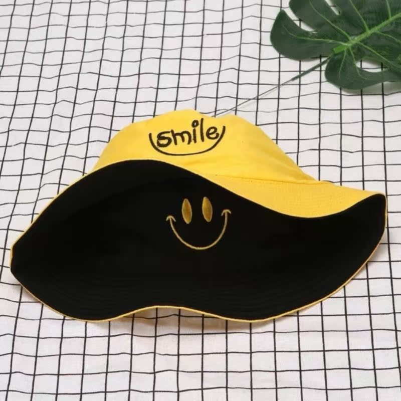 Double Sided Wear (Smiley Face Black Yellow) - C87Double sided wear Hat female Women's hat two-sided Embroidery Versatile Basin cap Fisherman hat men and women lovely student Korean version