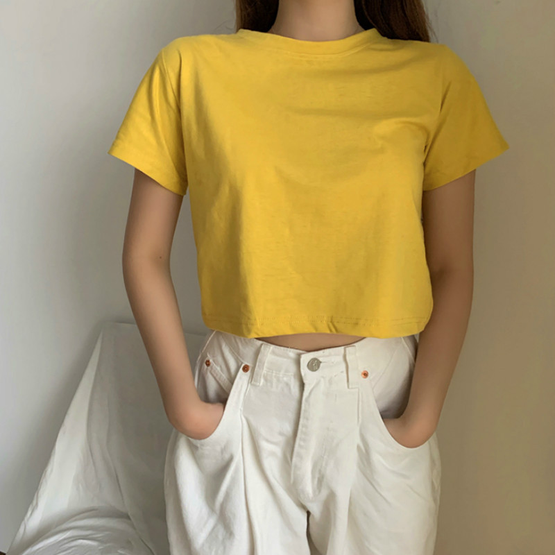 Yellowsummer Korean version have cash less than that is registered in the accounts Exposed navel Self cultivation T-shirt 2021 new pattern Women's wear easy Short sleeve Solid color Simplicity Built in jacket