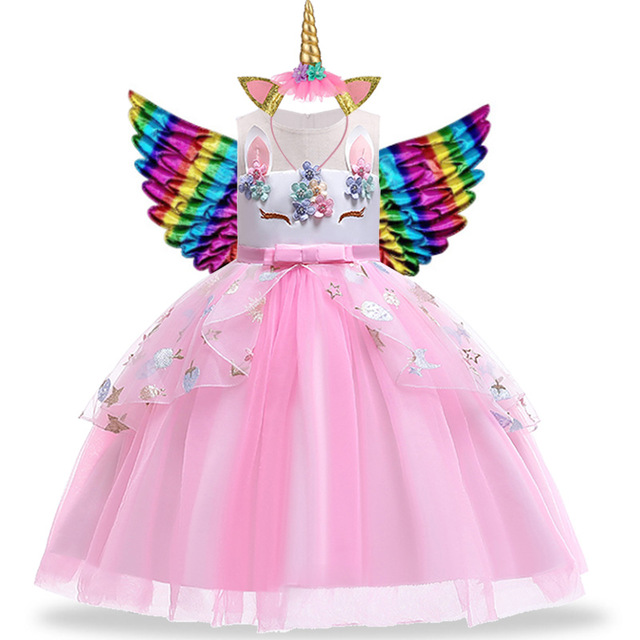 Pinkcostume Christmas Girl Rainbow Unicorn Dress Kids Birthday