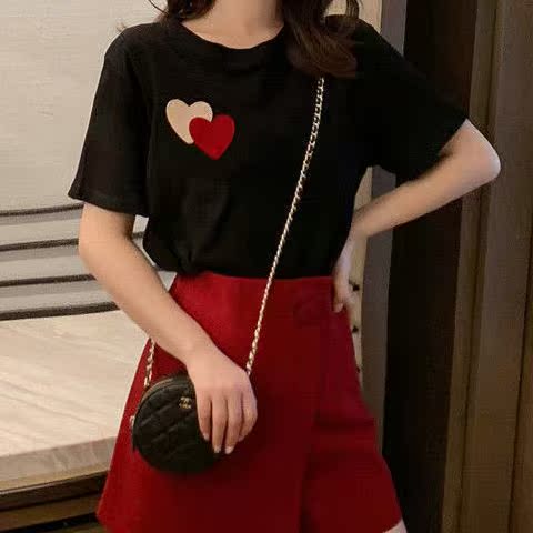 Black Lovesummer new pattern easy Versatile student Short sleeve T-shirt female High waist Half body Pleated skirt Two piece set Casual skirt suit