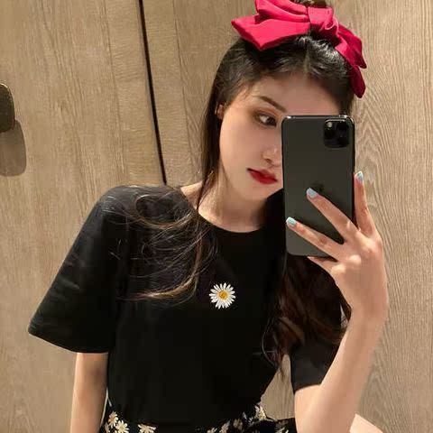 [Single Piece] Black Daisy [Without Cotton]summer new pattern easy Versatile student Short sleeve T-shirt female High waist Half body Pleated skirt Two piece set Casual skirt suit