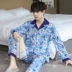 Bộ đồ ngủ cotton lụa đậu đỏ nam mùa xuân và mùa thu cotton lụa quần dài tay bộ đồ ngủ mùa hè mỏng phần thanh niên dịch vụ tại nhà set đồ nam Bộ đồ