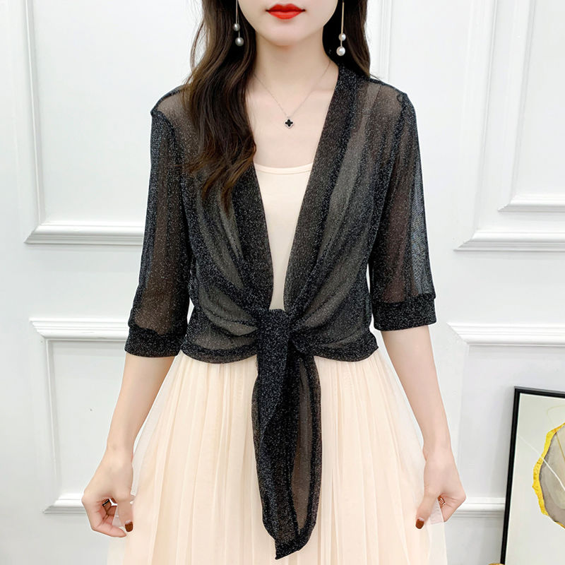 Silver Blacksummer Shawl loose coat female Cardigan Netting have cash less than that is registered in the accounts Outside Big size Lace waistcoat Foreign style Sunscreen female Ice silk