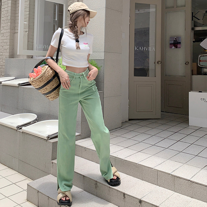 Green high-waisted slit jeans for women, a new autumn design in 2022, featuring a unique straight-leg style that accentuates a slender figure