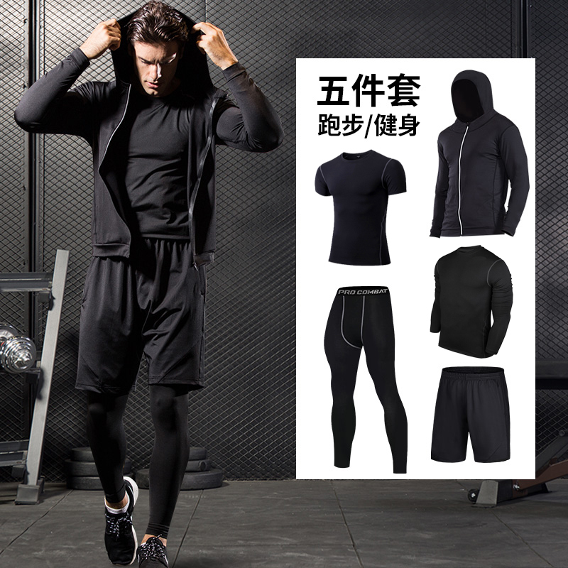 Black (Five Piece Set)run motion Bodybuilding suit Five piece set Three large man Tight fitting Close fitting loose coat Short sleeve trousers shorts clothing