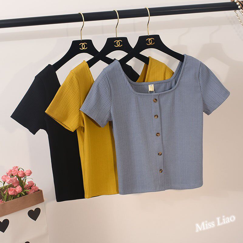 2018 new retro Hồng Kông hương vị quảng trường cổ áo sơ mi ins slim màu rắn t-shirt bạn gái ngắn tay T-Shirt nữ mùa hè