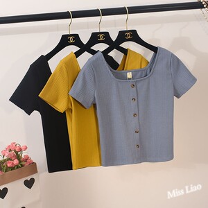 2018 new retro Hồng Kông hương vị quảng trường cổ áo sơ mi ins slim màu rắn t-shirt bạn gái ngắn tay T-Shirt nữ mùa hè