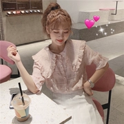 Váy mùa hè mới Nhật Bản ngọt ngào dễ thương cổ áo búp bê lỏng lẻo tay ngắn kiểm tra áo sơ mi áo sơ mi nữ - Áo sơ mi