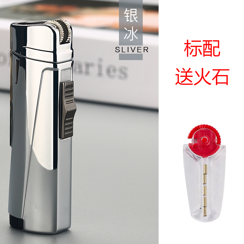 Silveryoriginality Retro grinding wheel inflation Cigar Windbreak lighter Three heads Blue flame Flint Straight personality male visual  Gas