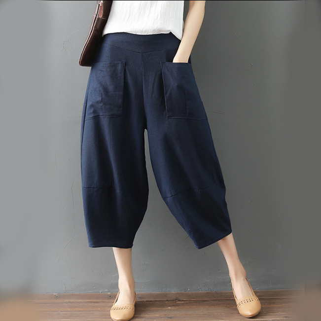Bông và vải lanh quần chân rộng quần lỏng kích thước lớn thường văn học retro đàn hồi eo hậu cung quần cắt quần cà rốt quần nữ