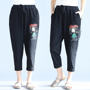 2018 mùa xuân văn học kích thước lớn của phụ nữ quần chất béo mm lỏng mỏng đàn hồi eo cotton harem quần in casual chín quần