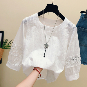 Openwork áo nữ siêu cổ tích bao gồm bụng áo sơ mi chiffon nữ ngắn- tay búp bê cổ áo nước ngoài khí lỏng giảm béo tươi ren áo sơ mi