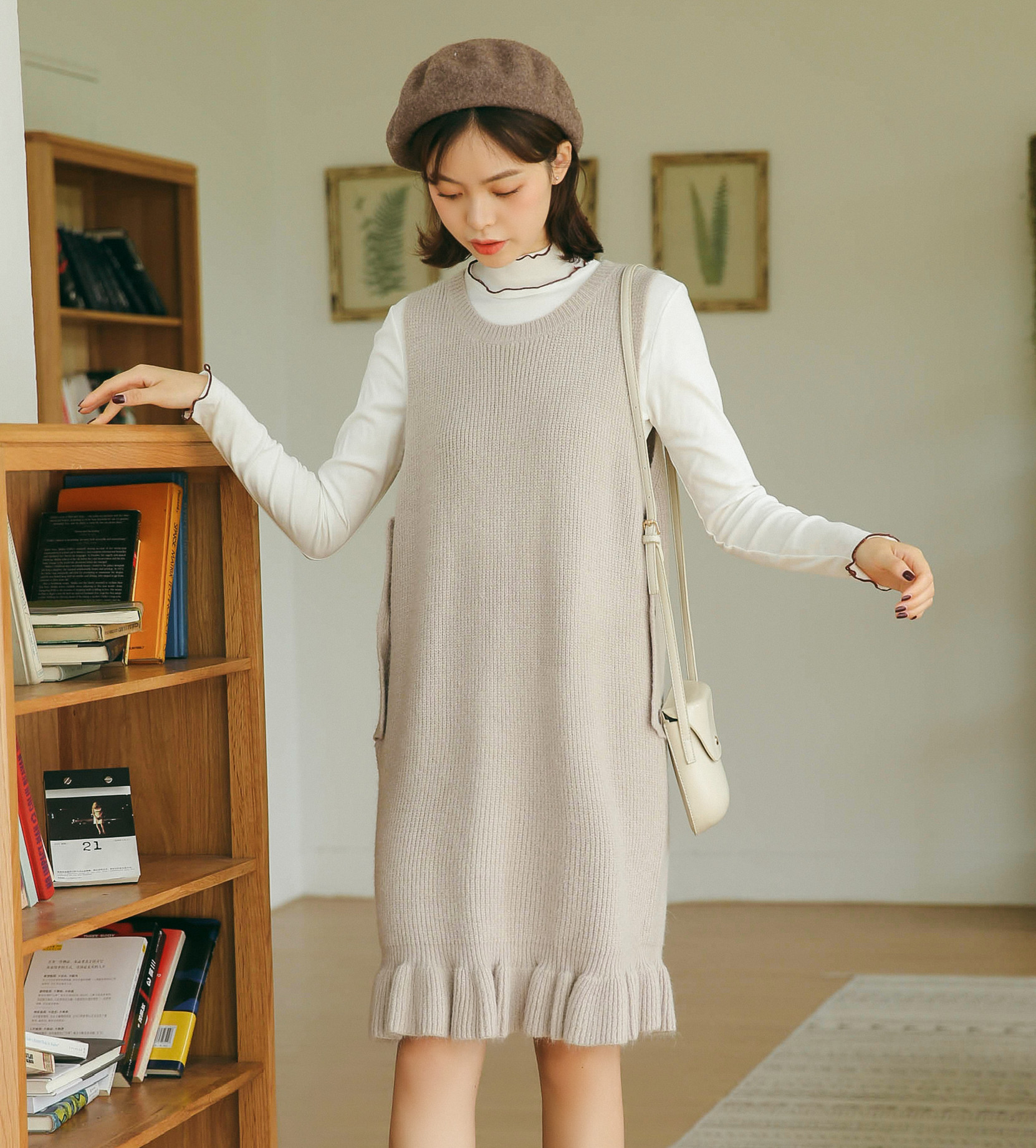 6334#模特实拍 2018新款秋冬装针织衫背心裙中长款毛线连衣裙